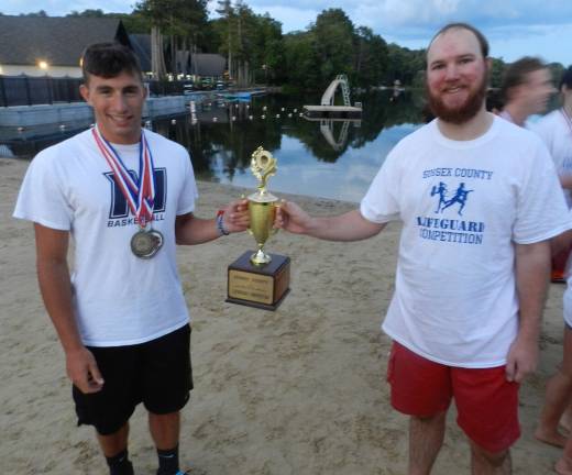 Lake Mohawk lifeguards win competition LMCC's Head Lifeguard Chad DiBlasio accepts the Team Trophy from Ryan May, head guard at Lake Mohawk Pool, last year's winners.