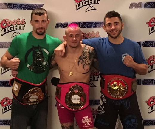 Local gym wins three championship fights Jim Fitzpatrick (Left), Sean Santella (Center) and Joe Tizzano (Right) all were victorious in their title fights at PA Cage Fight 29.