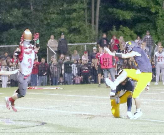 From this angle it looks like High Point defender Connor Lake (3) may have got a hand on the ball during a failed extra point kick by Jefferson kicker Matthew Johnson in the third quarter. The Jefferson Falcons were ahead of the High Point Wildcats 26-14 at this point