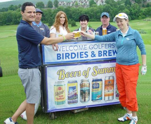 Golfers Ed Melo, Elaine Murphy and Buffy Whiting served by Kohler Girl Crystal &amp; Paul with Crystal Springs Ranger Steve (back left).