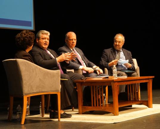 Second from left, N.J. Sen. Steve Oroho answers a Town Hall question, with Lucille Davy on his left and N.J. Senate President Steve Sweeney and Marc Pfeiffer on his right.