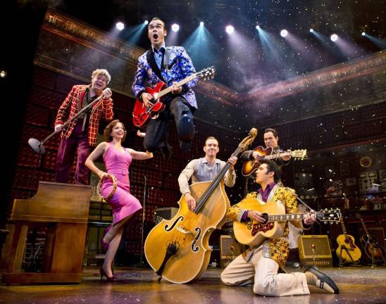 Photo by Jeremy Daniel John Countryman as Jerry Lee Lewis, James Barry as Carl Perkins, Cody Ray Slaughter as Elvis Presley and Scott Moreau as Johnny Cash, Kelly Lamont as Dyanne in The National Tour of Million Dollar Quartet.