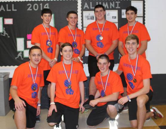 The team of, from top, Jason McWilliams, Rich Stecher, Troy Curtis, Travis Hill, (bottom row) Kyle Mowles, Ryan Higgins, Alex Thompson, and Brad Worthing took first place in volleyball.