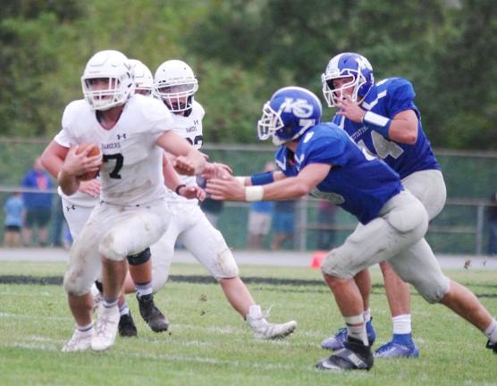 Wallkill Valley quarterback Alex Mastroianni is on the run with the ball in the second half. Mastroianni passed for 119 yards. Mastroianni ran for a touchdown and threw one touchdown pass.