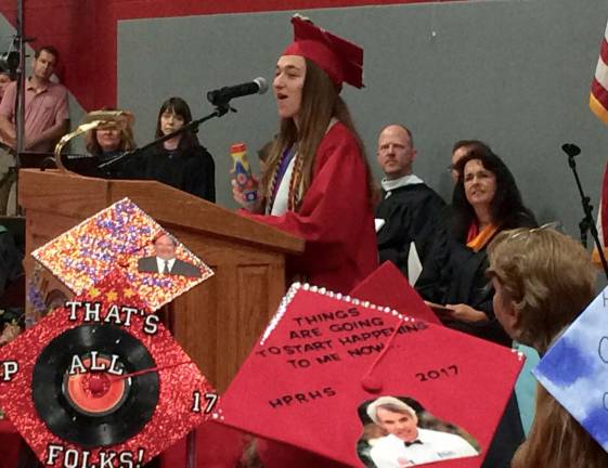 PHOTOS BY DIANA GOOVAERTS Valedictorian Kaitlyn DeGroot speaks during the High Point Regional High School graduation ceremony for the Class of 2017 held June 19, 2017.