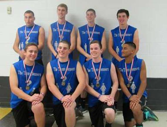 Wallkill Valley FBLA holds Super Night First-place volleyball winners from top right, Marko Bakovic, Brad Worthington, Jason McWilliams, Richard Stecher; bottom on left, Kyle Mowles, Alex Thompson, Riyan Higgins, and Andrew Alum show off their medals.