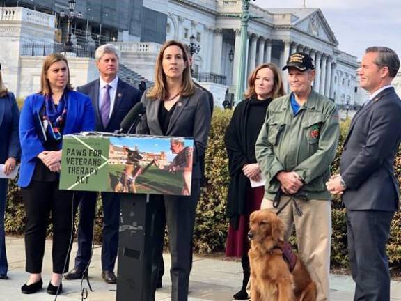 Rep. Sherrill speaks at a press conference with Vietnam Veteran Walter Parker and his service dog, Jackson, at the Capitol last year