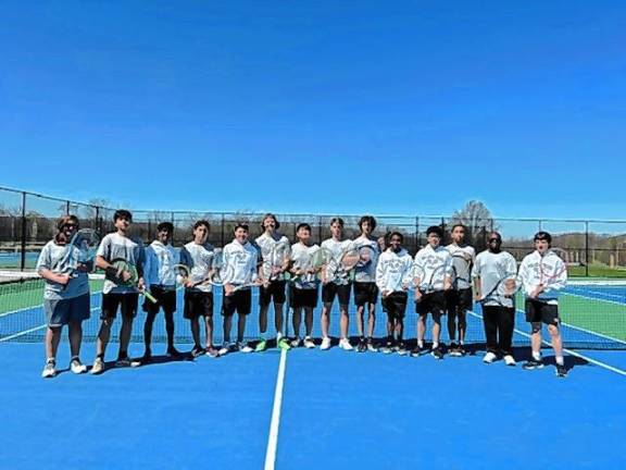 From left are tennis team members Tristen Askew, Marco Garces, Luke Nathan, Jeremy Rockwell, Eli McLean, Aiden Ehlberg, Tim Choi, William Hasbrouck, Lucio Campa, Josiah Simmons, Jared Lee, Josh Muro, Curtis Jones and Daniel DeFinis.