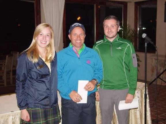 2014 Member Appreciation Tournament Champion Anthony Fioretti receives his award from Mark Melillo Crystal Springs Event Coordinator and Caitlin Zaleski.