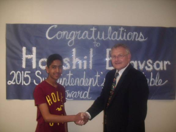 Franklin student wins superintendent award Franklin Borough School Superintendent Thomas Turner, right, is shown with Harshil Bhavsar.