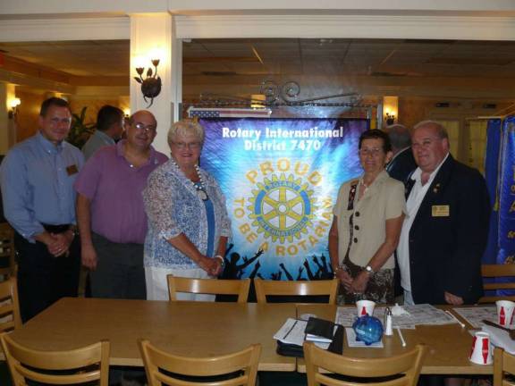 The Wallkill Valley Rotary Club welcomes new Rotary District 7470 Governor Larry Ripley and Assistant Governor Corey Stoner at its Thursday luncheon in Tony's Pizza and Pasta restaurant in Hardyston. Pictured, from left, are Stoner, Joseph Hurley, club treasurer; Mary Ann Seeko, club secretary; Sharon Hosking, club president; and Ripley.