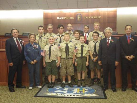 The boys of Hardyston/Hamburg Boy Scout Troop 187 participated in Hardyston Township's Armed Forces Memorial Dedication Ceremony held on Sept. 6. The boys had the honor of raising the American and POW flag to fly over the memorial site.
