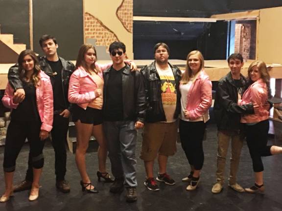 From left, Jana Byrnes, Mt Olive as Rizzo; Chris Kolwicz, Mahwah as Kenickie; Kara Byrnes, Mt Olive as Marty; Kyle Penny, Newton as Sonny; Tim Chenard, Newton as Roger; Jess Palmisano, Mt Olive as Jan; Alex McCully - Newton as Doody; and Megan Schmiedhauser, Stanhope as Frenchy