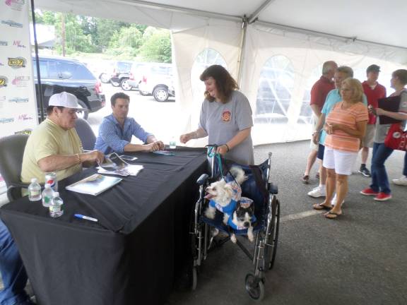 A baseball fan and her dogs (both Mets fans in proper attire) get an autograph from Pete Rose at the Franklin Sussex Automall on Saturday. Photo by Nathan Mayberg.