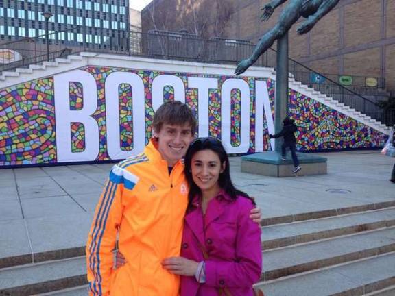 Justin with his fiance Jessica Monico before the Boston Marathon.