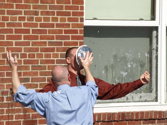 Pies on Pi Day Here's that pie facial, courtesy of Ogdensburg Superintendent/Principal Tim Nicinski. Assistant Principal/Social Studies teacher Mike Ryder is the recipient.