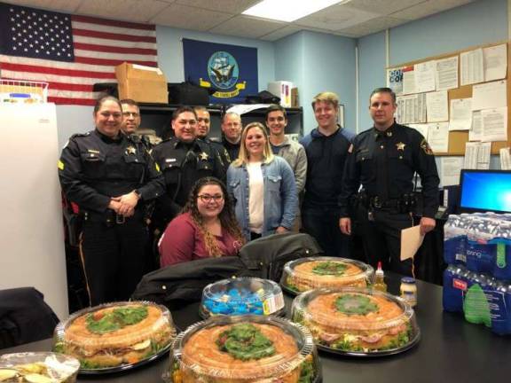 Wallkill Valley FBLA members Kayla Bifano, Sara Miceli, Ryan Kostelnik, and Tyler Small deliver lunch to the Sussex County Sheriff&#x2019;s Department on April 11, 2018, in recognition of Support Our Local Law Enforcement Day.
