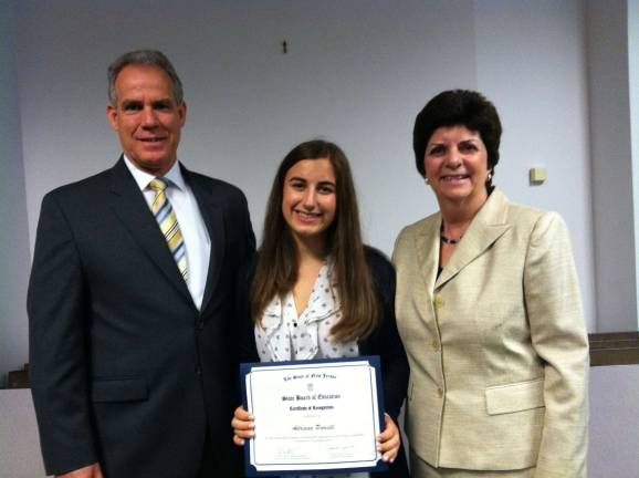 Hardyston Middle School student honored Dr. Richard Corbett, superintendent Hardyston Middle School, Adriana Purcell, recipient of award and eighth-grade student from Hardyston Middle School and Dr. Rosalie Lamonte, executive county superintendent of schools.