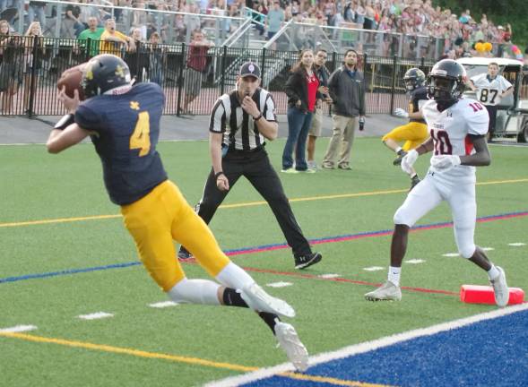 On fourth and goal during an attempted wide receiver reverse pass Jefferson quarterback Matthew Johnson catches the ball but was out of bounds according to an official in the first half.