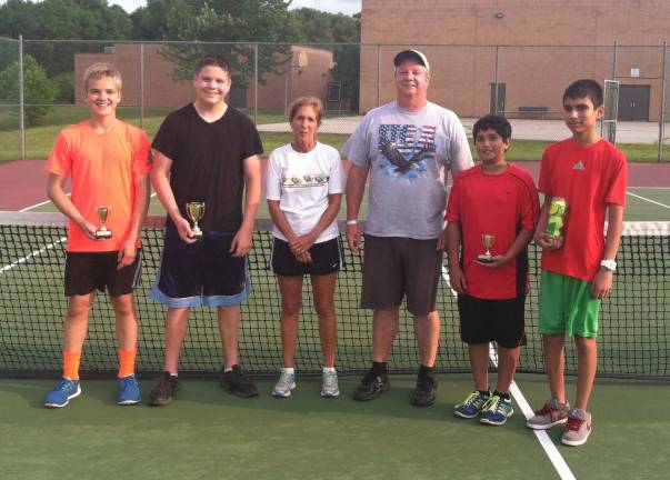 Wallkill Valley school holds tennis clinic Boys from left to right: Sebastian Mianowski, second place, Ryan McGuire first place; coach Diane Brown, coach Earl Hornyak, Milan Kuryala thrid place; and Evan Hussain, fourth place.