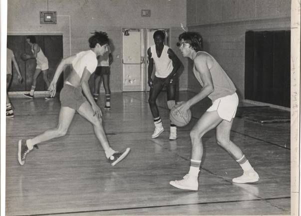 Sussex County History Today: Basketball legend From left are Mike Ferrara, Milt Wilson and Nick Stefkovich during a Franklin High School team practice. Pete Van England is in the background on a side court.