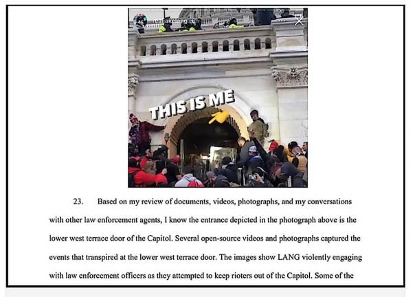 Tusten native arrested for participating in Capitol riot The image posted by Edward Jacob Lang was included on his affadavit to the FBI
