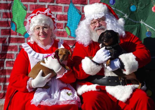 Joan Hayden of Barry Lakes brought down Trinity and Achilles for a photo op with Santa and Mrs. Paws at the Vernon Dog Park on Saturday.