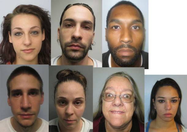 Photo provided by Franklin Police Dept. Shown from left are: top, Destini Wieczekowski of Franklin, Bryan P. Walsh, formerly of Vernon, now of Franklin; Gilberto Lara of Paterson; bottom, Christian Kosmisnsky, formerly of Vernon, now of Sussex Borough; Crystal Galione, 26 of Franklin; Patricia Dolan of Vernon; and Mandee Monico of Franklin.
