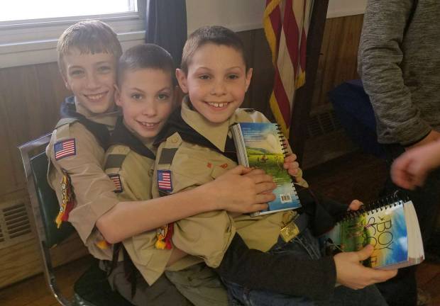 Hardyston/Hamburg Cub Pack 298 celebrated their Blue &amp; Gold ceremony on Sunday, April 2. Nicholas Gibson, Elijah McLean and Eric Allen (seated left to right) earned their Arrow of Light and are officially Boy Scouts of Troop 187 of Hardyston.