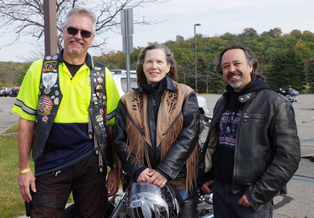 Riders included a contingent from Vernon. From the left are Blue Knights Secretary and retired Sussex County Sheriff&#xfe;&#xc4;&#xf4;s Officer John Kernusz, Kim Ortell and her good friend Rich Strait.