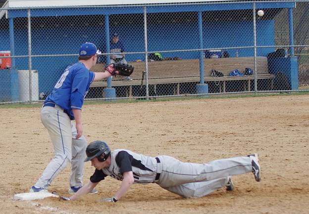 Wallkill Valley's Cameron Blake beats the ball to first base during a pick-off attempt in the fifth inning.