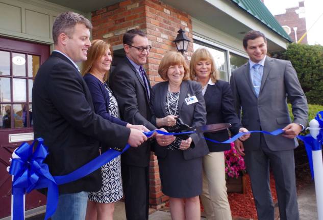 At the grand opening of Zufall Health in Newton were Newton Mayor Daniel Flynn, New Jersey Acting Health Commissioner Cathleen Bennett, Zufall Board Chairman Bill Shuler, Zufall President and CEO Eva Turbiner, Assemblywoman Gail Phoebus, and Rodrigo Bustamante representing New Jersey&#xfe;&#xc4;&#xf4;s Fifth Congressional District.
