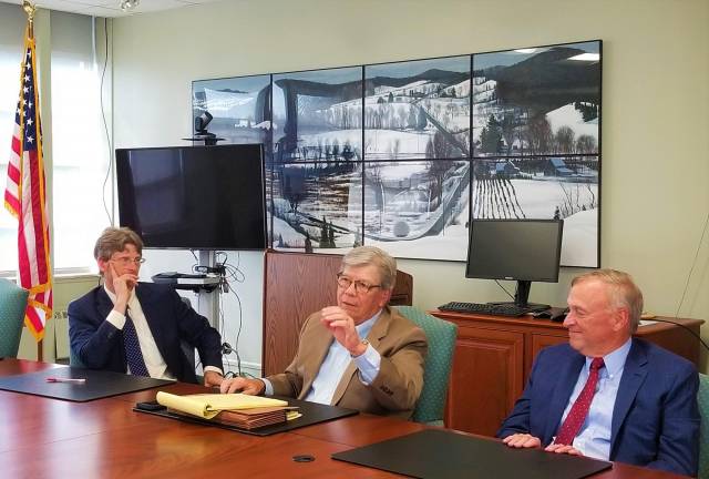 From left to right: Sussex County Community College President Jon Connolly, Board of Trustees Chair William P. Curcio and board Attorney Glenn Kienz speak to reporters at a press conference earlier this month.