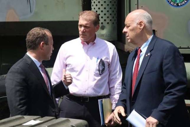 U.S. Rep. Josh Gottheimer (NJ-5), Allamuchy Mayor Keith De Tombeur, and Belvidere Mayor Joe Kennedy tour some of the more than $1 million of equipment the town of Belvidere has clawed back through federal excess equipment grants.