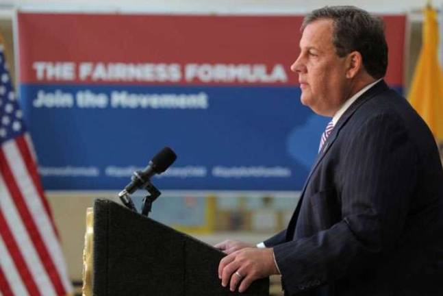 Photo provided by nj.gov Gov. Chris Christie introduces his Fairness Formula plan at Hillborough High School in Somerset County, which he says will increase state funding to 75 percent of school districts, resulting in property taxes cuts for many residents.