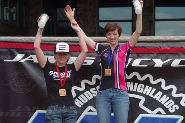 At left is Vernon racer and second-place winner Wendi Sebastian and first-place winner Tori Nelson of Lansdowne, Pa. They competed in the Professional/Category 1 Open Women&#xed;s Competition.