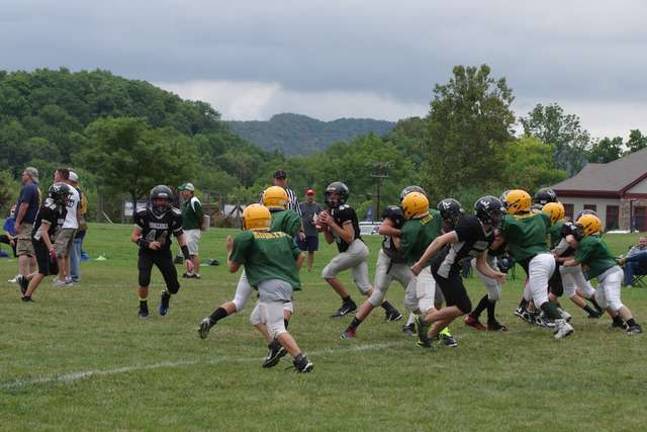 Seventh-grade Wallkilll Valley quarterback Alex Mastroianni looks to throw against the Long Valley Raiders.