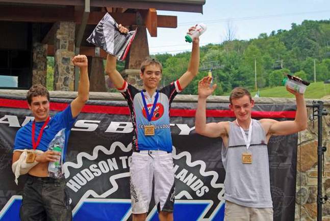 More than 100 mountain bikers race at Mountain Creek At center is Chris Compton of Califon/Glen Gardner, the first-place winner in the Category 3 Junior Men's Division in the 15-18 age group. At left is Eric Gapco, the second-place winner and at the right is third-place winner Mark Ferguson or Oak Ridge.
