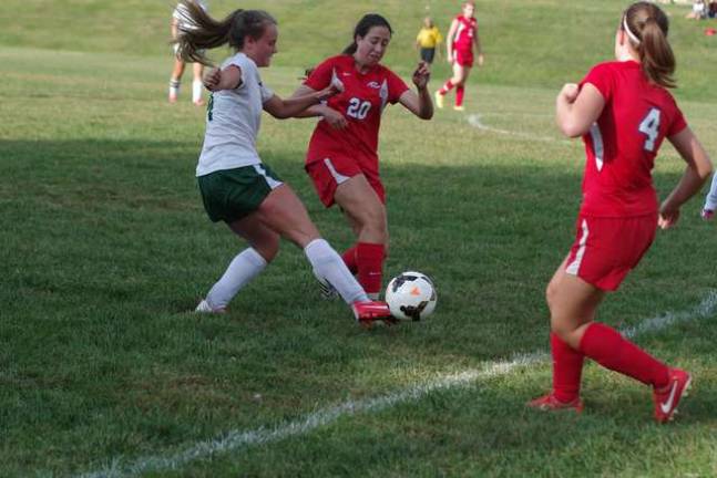 Lenape Valley's Krista Bahnsen (20) is challeged for the ball.
