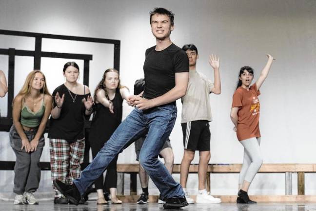 ‘Something Rotten!’ musical onstage in Sparta <b>Logan Frazer, front, as Nigel Bottom with dancers, front left, Maddy Sutton, Hayley Frazer, Blair Lanza, Thomas Fossett and Madisyn Rojas rehearse a dance number from ‘Something Rotten!’ (Photo provided)</b>
