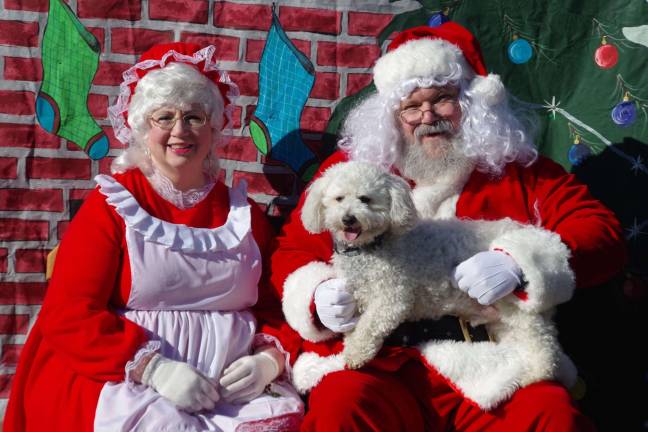 Donna Zereconski of Hardyston brought Shakespeare for a photo op with Santa and Mrs. Paws at the Vernon Dog Park on Saturday. The dog insisted on giving Mrs. Paws a smooch.