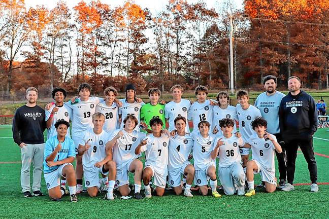Rangers move to new division The Wallkill Valley Regional High School boys soccer team. At left is athletic trainer Mike Armstrong. Second from right is assistant coach Ryan Neal, and head coach Sean Neal is at right. Team captains are Kooper Nicolai (17), Ivan Reyes (7) and Dennis Aungst (20). (Photo provided)