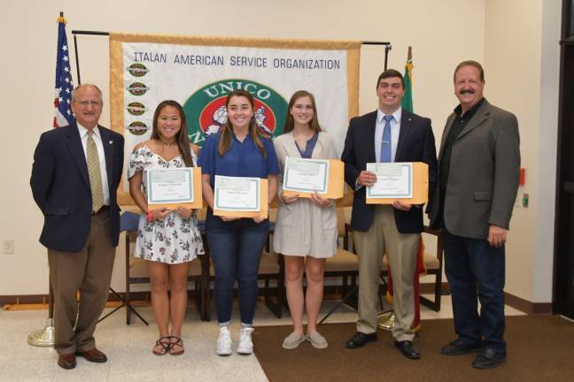 Four Sussex County students received $1,000 from the Sparta Chapter of UNICO National, to help with college expenses. Pictured are; Gary D&#x2019;Uva, Chairperson, Kristine J Krumpfer (Kittatinny), Roberta Muresan (Newton), Danielle Blide (Walkill Valley), Hunter Roggero, (Sparta). (Photo courtesy of Sparta UNICO)