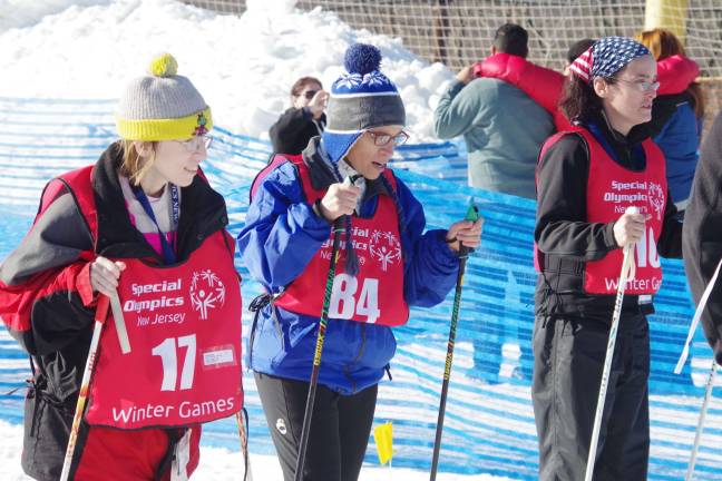 At the left and right are Vernon Mountaineers Teresa Kelly and Karen Byrne. At the center is racer Pauline Naturile of Spring Lake Heights. Byrne went on to win the gold medal in the event.