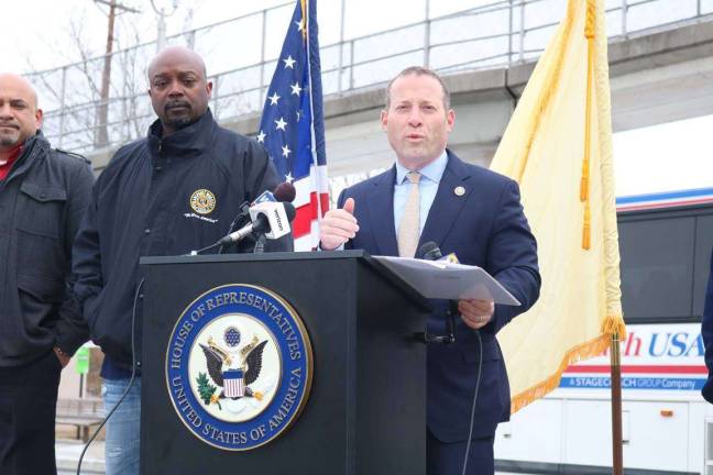 Congressman Josh Gottheimer (NJ-5) announces his &#x201c;Five Point Plan to Cut Our Commutes and Expand Our Economy&#x201d; alongside (left to right) Luis Rodriguez, General Manager of Shortline Bus, and Steve Hamm, President of the Transport Workers Union of America Local 229.