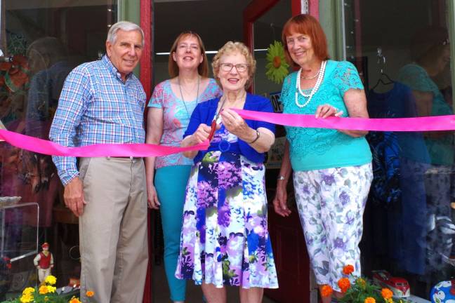 At center right, Sussex Borough Mayor Katherine Little officiated the grand opening of The Curiosity Shoppe located at 28 Main Street in Sussex Borough. Behind her from the left are co-owner Tom Beccari, daughter Deborah Jones, and co-owner Lynne Beccari.