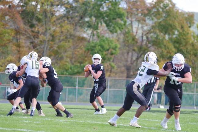 Wallkill Valley quarterback Tommy Testino is about to throw the ball in the second quarter. Testino threw two touchdown passes during the game.