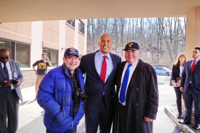 U.S. Sen. Cory Booker (D-NJ), center, with Navy veteran Chris Wyman of Vernon, left, and former Sussex County Freeholder Director Richie Vohden of Green Township, who is an Army veteran. Photos by George Leroy Hunter