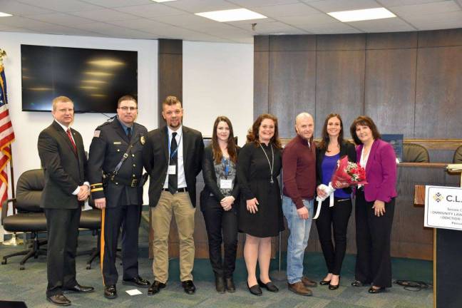 The C.L.E.A.R. team, from left: Prosecutor Koch, Chief Richards, recovery coaches Chris Ogar, Kelly LaBar, Regina Hannapple, Chris Ennis and., Katie Calvacca, and ED Becky Carlson