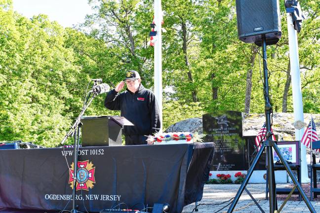 Photos: Memorial Day service in Ogdensburg Retired Police Chief George Lott, Memorial Day chairman, salutes during the service Monday, May 26 at Ogdensburg Memorial Park at Heaters Pond. Lt. Robert A. Madden Veterans of Foreign Wars Post 10152 of Ogdensburg has held a Memorial Day service since it was formed in 1968. (Photos by Maria Kovic)